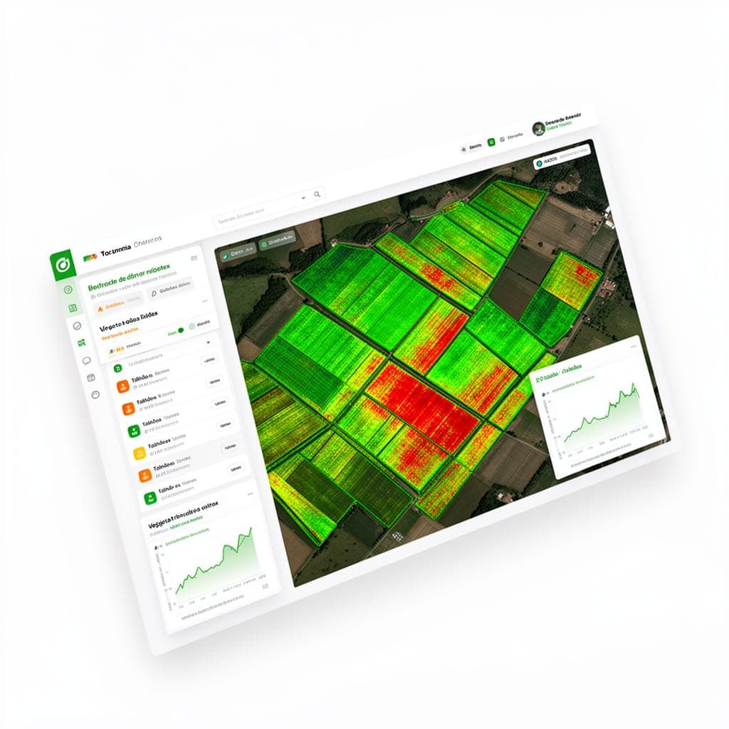Dashboard Farmevo Monitor com mapa de Saúde da Vegetação (NDVI), talhões e alertas